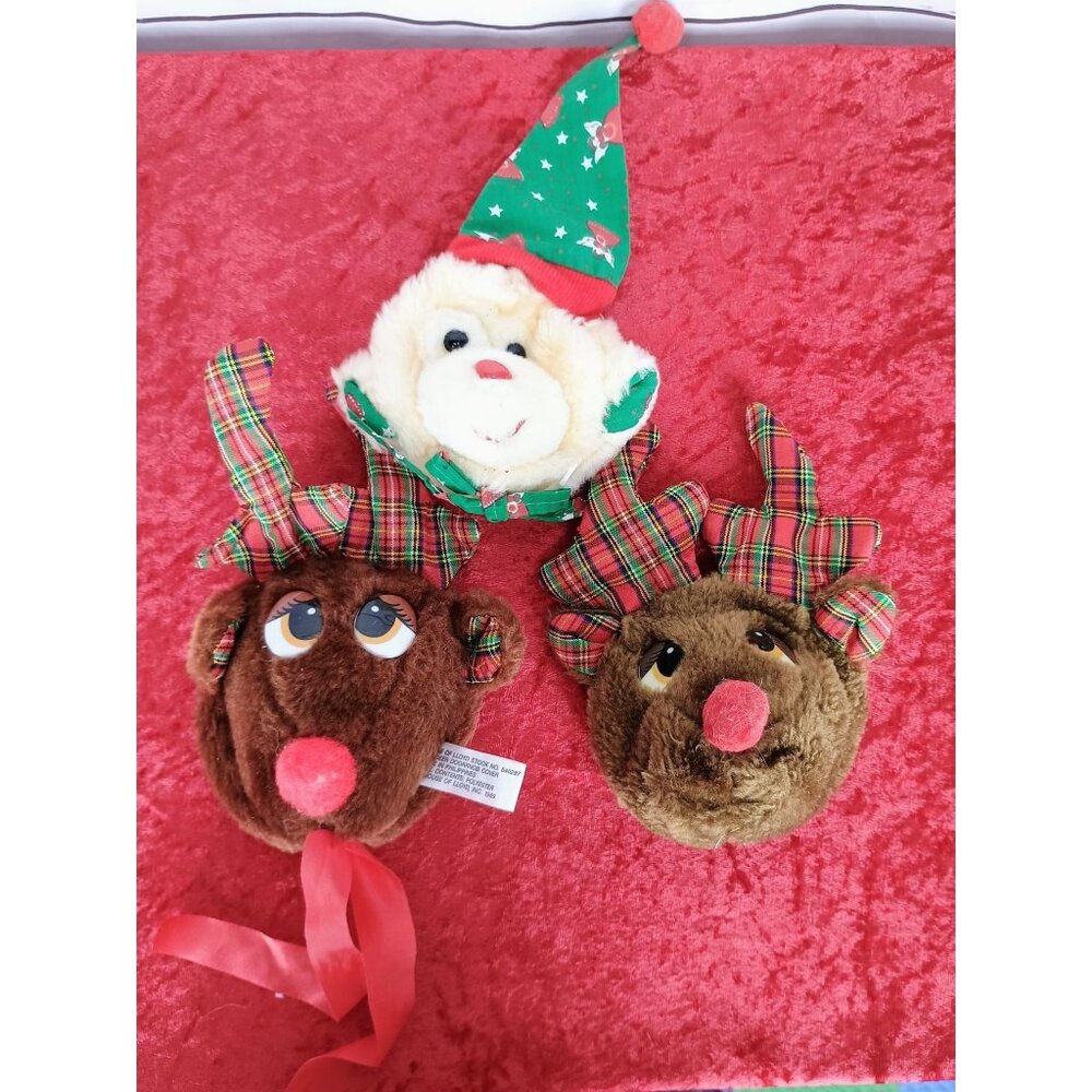 Vintage Rudolph Red Nose Reindeer Door Knob Cover 3D Plush Head Christmas Set Lo